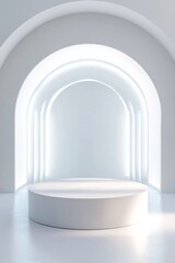 Futuristic White Pedestal Mockup with Neon Lighting and Smoky Environment