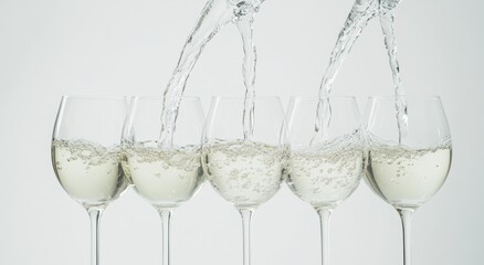 5 glasses of water arranged in a row, pouring from top to bottom, against a white background, high-resolution photography, stock photo, high quality, hyper-realistic