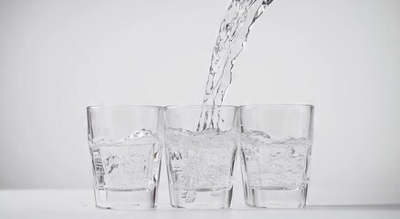 5 glasses of water arranged in a row, pouring from top to bottom, against a white background, high-resolution photography, stock photo, high quality, hyper-realistic