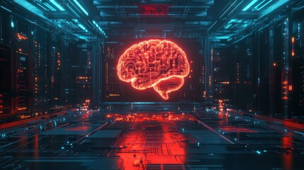 Futuristic digital brain inside a glowing server room.