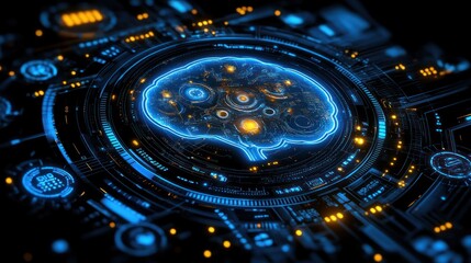 Futuristic digital brain interface, technology concept.