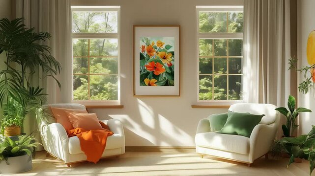 Modern living room with bright flowers and natural light highlighting cozy seating