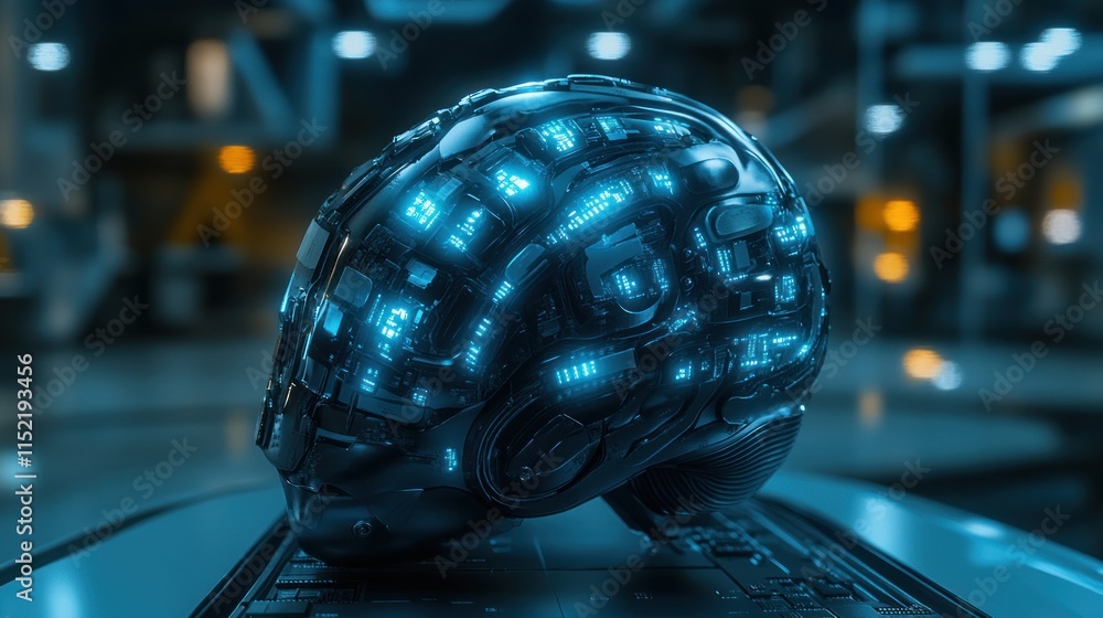Poster futuristic glowing brain model on a metallic surface in a dark tech lab.