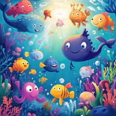 Obraz premium Happy Colorful Fish Swim Underwater Together