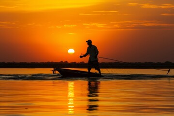 Silhouette of a black fisherman at sunset with warm orange to yellow gradient and light reflection