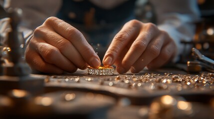 Jeweler s Hands Crafting a Sparkling Diamond Ring, Surrounded by Tools and Gemstones in Workshop