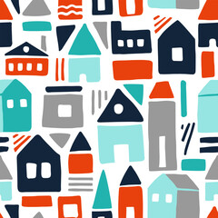 Bright funny houses made of simple elements in doodles style