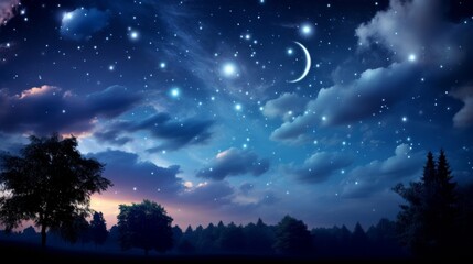 Enchanting night sky  a serene scene featuring bright stars and a moon in shades of blue