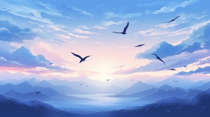Fototapeta premium Silhouettes of birds in flight against a blue sky a symbol of freedom and joyful serenity