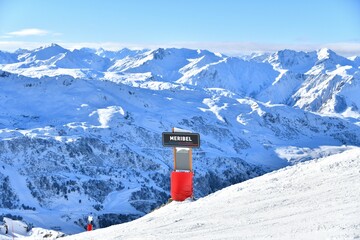 Meribel sign on the slope of French alps