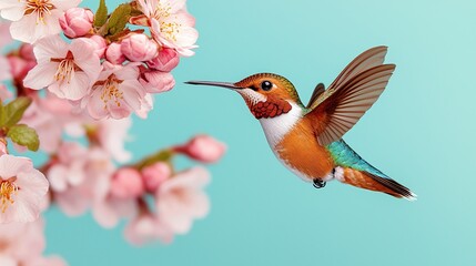 Fototapeta premium Hummingbird in flight near pink blossoms.