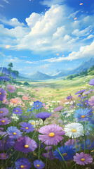 Fototapeta premium A magical field of blooming flowers, where each petal turns into a sparkling gem under the sunlight, symbolizing endless opportunities.