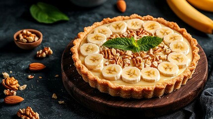 Delicious banana cream pie with pecan and almond garnish on dark background.