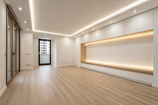 An empty room with smooth white walls, pale birch wood flooring, and a seamless transition into a wall-mounted floating shelf with hidden LED lighting for a clean, futuristic aesthetic