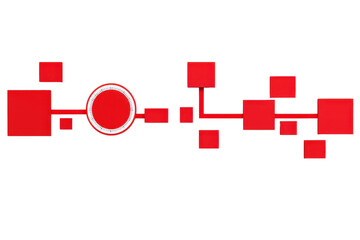 Obraz premium A series of red geometric shapes, including squares and a central circle, interconnected by lines against a dark backdrop.