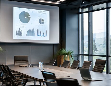 Int&eacute;rieur de bureau avec &eacute;cran de projection et table de r&eacute;union, lieu de travail en ia