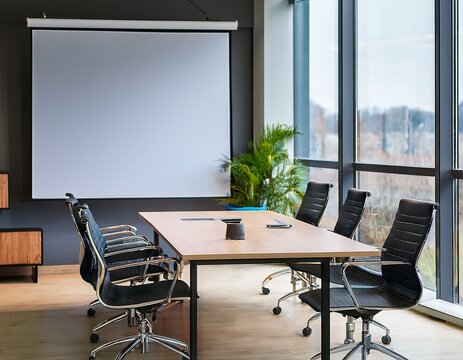 Int&eacute;rieur de bureau avec &eacute;cran de projection et table de r&eacute;union, lieu de travail en ia