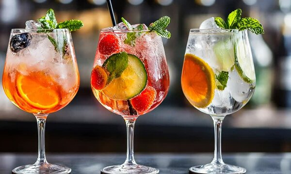 Refreshing Summer Cocktails: A Trio of Fruit-Infused Drinks in Elegant Stemmed Glasses
