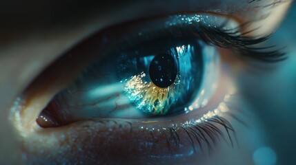 Fototapeta premium A close-up of an eye reflecting a vibrant, colorful landscape.