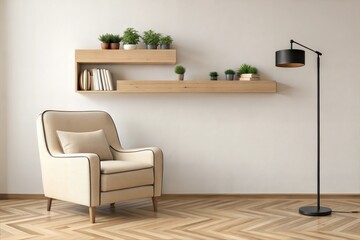 Minimalist living room with a light beige armchair, a floating wooden shelf adorned with small potted plants, and a black floor lamp, set on a herringbone wooden floor