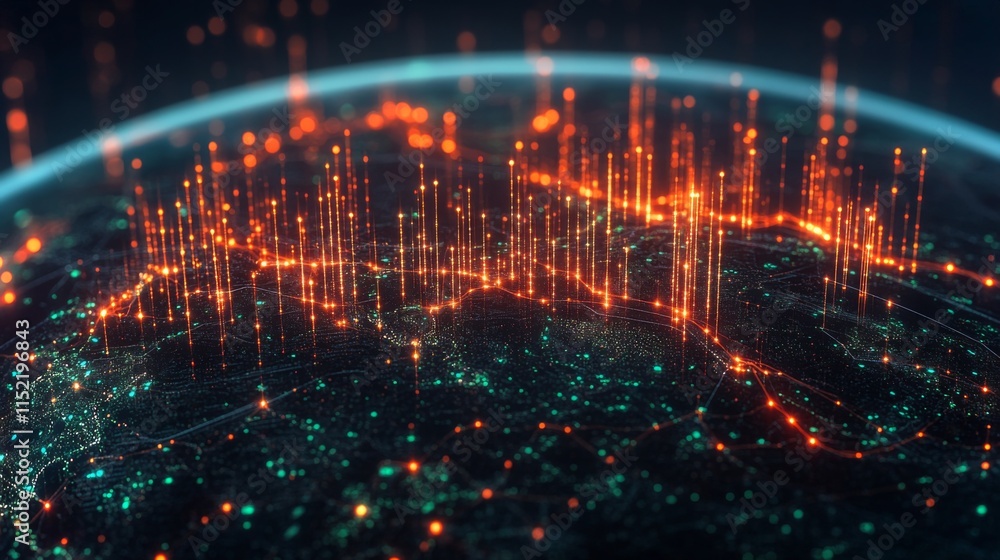 Leinwandbilder Bright data points and connections illustrate global networks above the Earth. The colorful display emphasizes technological infrastructure and interconnectivity in various regions.