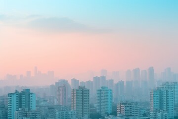 Fototapeta premium Misty city skyline envision a foggy urban landscape in soft pastels of pink and blue