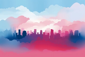 Fototapeta premium Pastel city skyline a dreamy silhouette in soft pink and light blue fog at dawn or dusk