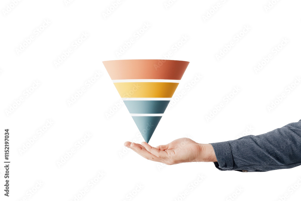 Poster a hand holds a colorful funnel composed of horizontal layers, symbolizing processes or concepts like