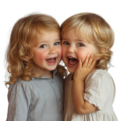 Twin Toddler Joy: A portrait of two adorable toddlers, sisters,  wearing cute dresses, with wide, joyful smiles, capturing the innocence and pure happiness of childhood.  