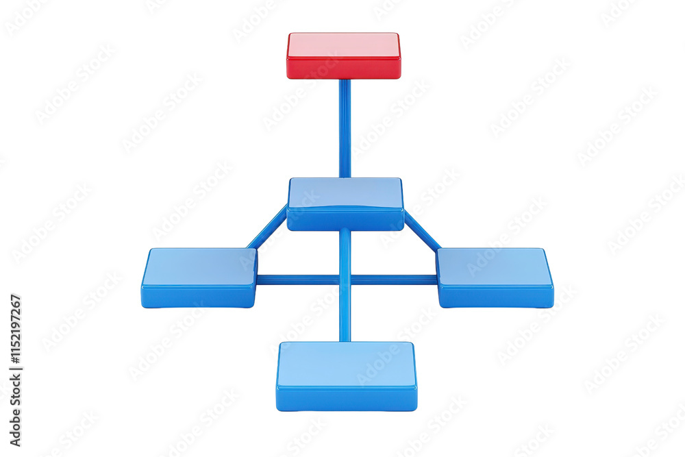 Poster a diagram featuring a central red block connected to four blue blocks, illustrating a clear hierarch