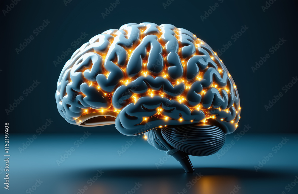 Poster futuristic neural network concept with illuminated brain on dark background