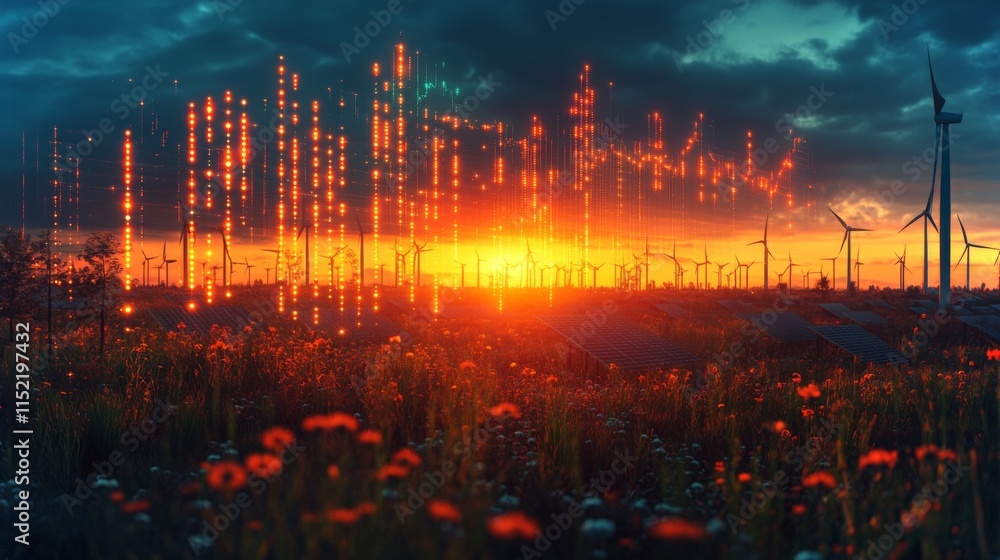 Poster a stunning sunset illuminates the sky, casting vibrant colors over a field of flowers. wind turbines