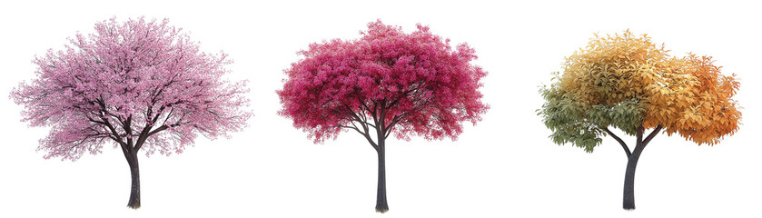 Seasons of Change: Three trees showcasing the vibrant colors of spring, summer, autumn, and winter. A symbolic representation of the cyclical nature of life and the beauty of change. 