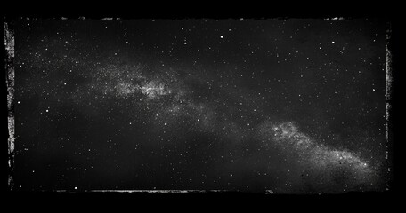 A black background with white dots and lines, a dark sky full of stars, a dark starry night sky, a grungy texture overlay in the top left corner, a grungy dark space between the corners, a grainy and 