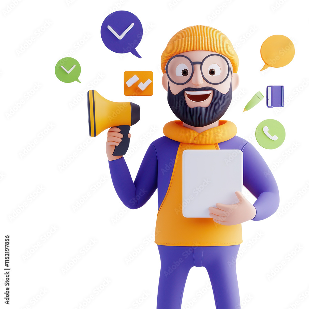 Aufkleber a cheerful character holding a tablet and a megaphone, surrounded by icons symbolizing communication