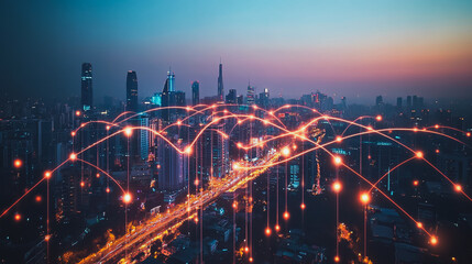 Obraz premium Smart digital city with connection cyber security network reciprocity over the cityscape . future smart wireless digital city and social media networking systems that connects people within the city