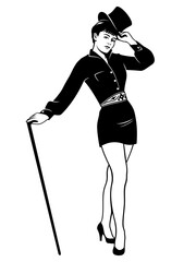 Glam Fashion Woman in Top Hat and Short Skirt Posing with Cane. Black and white vector clipart isolated on white.