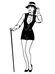 Glam Showgirl in Hat and Shorts Posing with Cane. Black and white vector clipart isolated on white.