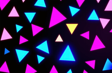 Fototapeta premium Vibrant neon triangles illuminating dark background in modern abstract art