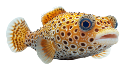 Magnificent  Orange Spotted Pufferfish: This stunning macro shot captures the intricate details of a  pufferfish with orange and white spots. Its  large, inquisitive eyes and open mouth add character.