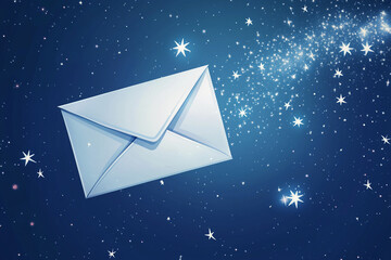 A white envelope with glittering stars is flying in the air against a blue background, a vector illustration in a cartoon style 