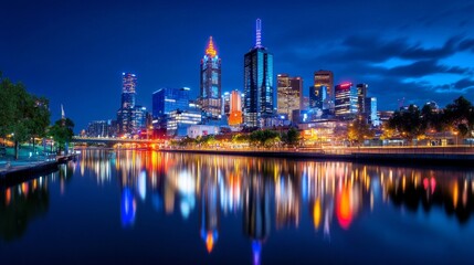 Obraz premium Vibrant City Skyline Reflection at Night - Night cityscape, urban scene, river reflection, city lights, modern architecture. Symbolizing progress, beauty, reflection, modernity, and urban life.