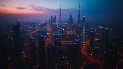 Fototapeta premium Smart digital city with connection cyber security network reciprocity over the cityscape . future smart wireless digital city and social media networking systems that connects people within the city