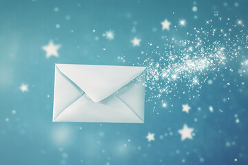 A white envelope with glittering stars is flying in the air against a blue background, a vector illustration in a cartoon style 