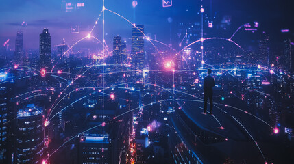 Fototapeta premium Smart digital city with connection cyber security network reciprocity over the cityscape . future smart wireless digital city and social media networking systems that connects people within the city