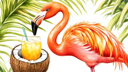 Obraz premium Adorable Watercolor Flamingo with Tropical Drink in Coconut Shell