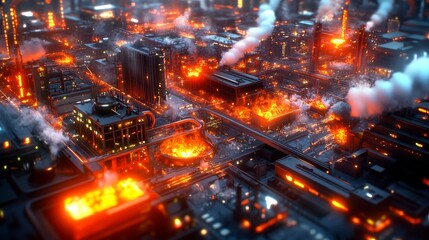 Industrial Inferno Cityscape - A futuristic city engulfed in flames, symbolizing industry, destruction, chaos, rebirth, and resilience.