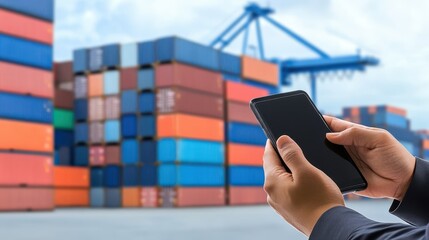 Mobile technology and logistics, person using phone near shipping container for efficient operations realtime tracking