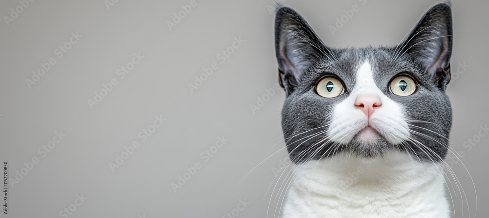 Poster studio portrait of a tuxedo cat intrigued expression with ample space for text or design elements