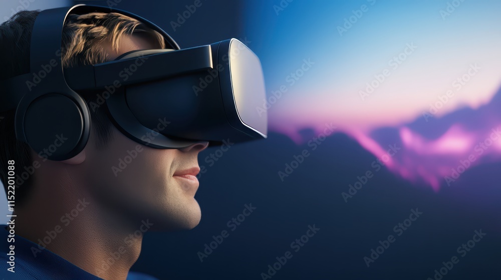 Poster man immersed in virtual reality, exploring digital worlds with headset